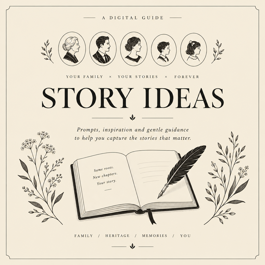 Story Ideas Guide cover — warm cream with journal and family silhouette illustrations