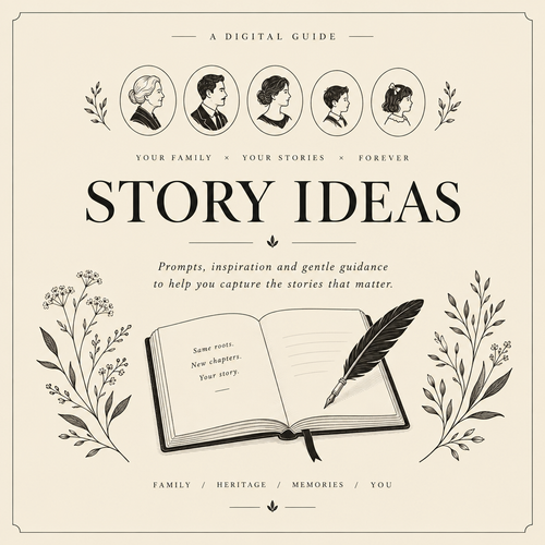Story Ideas Guide cover — warm cream with journal and family silhouette illustrations