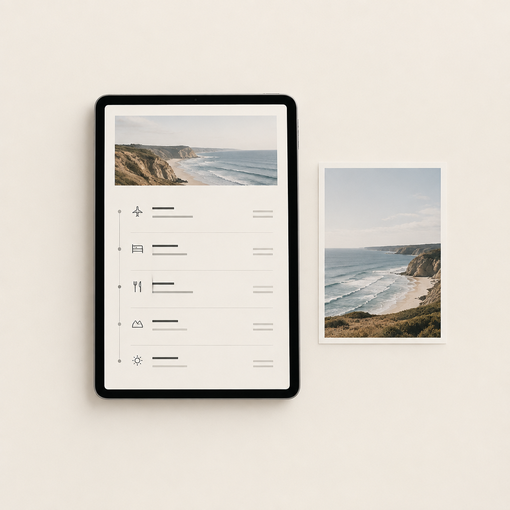 Minimal ivory-and-black travel planner image